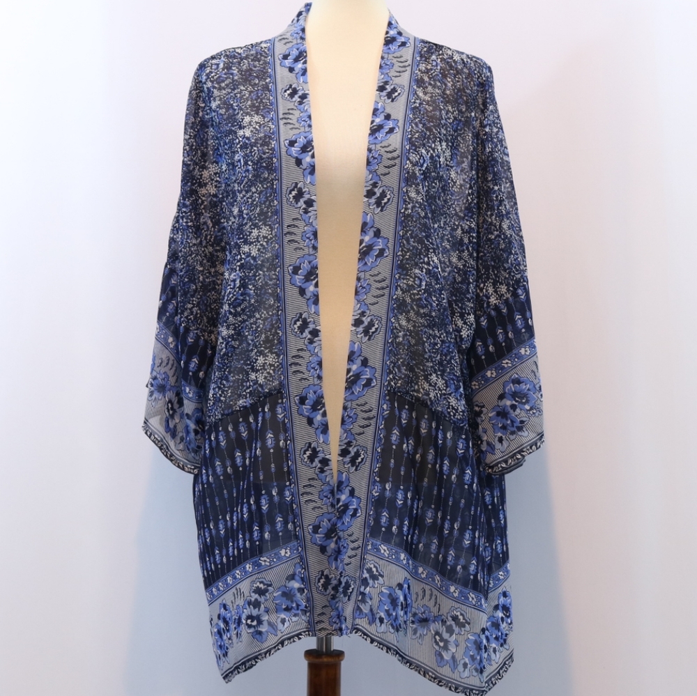 Wild Blue Chiffon Print Open Front Kimono - Picture 2 of 8